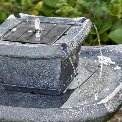 Oriental Pagoda Solar Powered Water Feature - Slate-Effect Polyresin 2 Tier Cascading Water Fountain - H72 x 47cm Diameter
