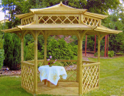 Oriental Style Hexagonal Wooden Pagoda Gazebo with Floor and Trellis ...