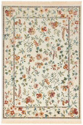 Oriental Velvet Floral Vintage Fringed Soft Pile Living Room Rug in Cream