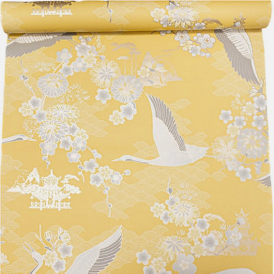 ORIENTAL YELLOW GREY WHITE BIRDS FLOWERS QUALITY FEATURE WALLPAPER RASCH