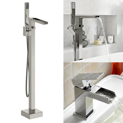 ORIGIN FREESTANDING WATERFALL BATH SHOWER TAP, BASIN MIXER TAP & WASTE ...