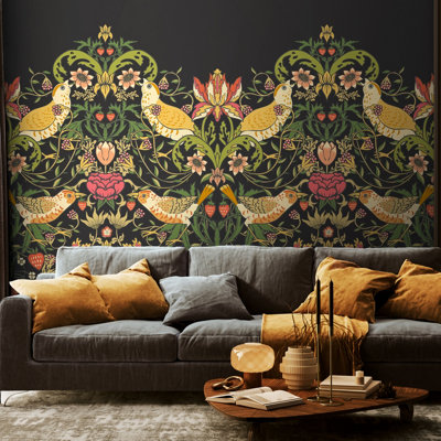 Origin Murals Birds, Fruit And Foliage - Black and Olive Matt Smooth Paste the Wall Mural 300cm wide x 240cm high