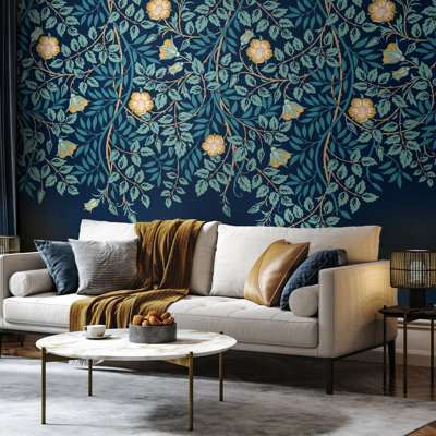 Origin Murals Cascading Rosehip - Indigo and Teal Matt Smooth Paste the Wall Mural 300cm wide x 240cm high