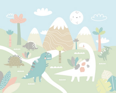 Origin Murals Children's Dinosaur Land Pale Green Matt Smooth Paste the Wall 300cm wide x 240cm high