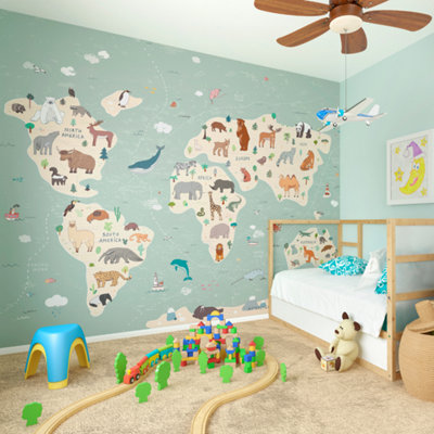 Origin Murals Children's Green World Map Matt Smooth Paste the Wall Mural 350cm wide x 280cm high