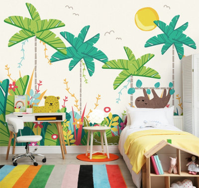 Origin Murals Children's Jungle Animals Green Cream Matt Smooth Paste the Wall 300cm wide x 240cm high