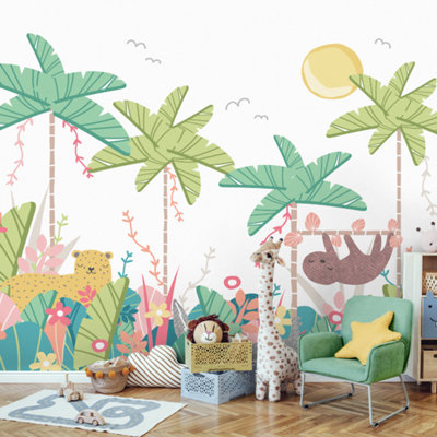 Origin Murals Children's Jungle Animals Pale Green Matt Smooth Paste the Wall 350cm wide x 280cm high