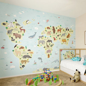 Origin Murals Children's World Map Blue Matt Smooth Paste the Wall 300cm wide x 240cm high