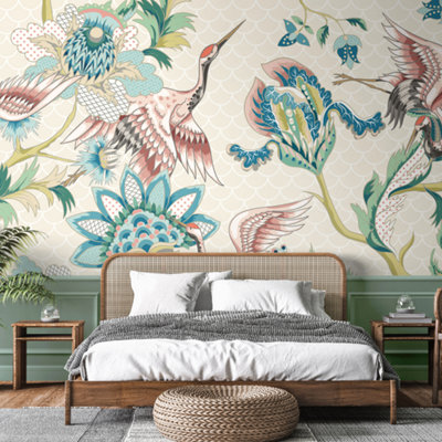 Origin Murals Cranes in Flight Cream Matt Smooth Paste the Wall Mural 350cm Wide X 280cm High