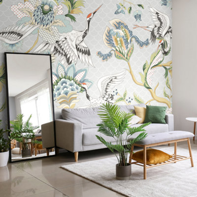 Origin Murals Cranes in Flight Grey Matt Smooth Paste the Wall Mural 300cm Wide X 240cm High