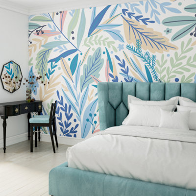 Origin Murals Floral Patterned Leaves Blue Matt Smooth Paste the Wall Mural 300cm wide x 240cm high