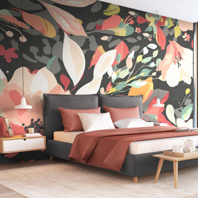 Origin Murals Flowing Flowers - Charcoal Black and Red Matt Smooth Paste the Wall Mural 300cm wide x 240cm high