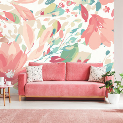 Origin Murals Flowing Flowers - Coral Pink Matt Smooth Paste the Wall Mural 350cm wide x 280cm high