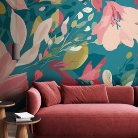 Origin Murals Flowing Flowers - Teal Blue and Coral Matt Smooth Paste the Wall Mural 300cm wide x 240cm high