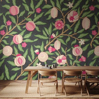 Origin Murals Fruit And Foliage - Black and Rose Pink Matt Smooth Paste the Wall Mural 300cm wide x 240cm high