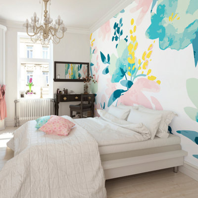 Origin Murals Graphic Pink & Green Flowers Matt Smooth Paste the Wall Mural 300cm wide x 240cm high