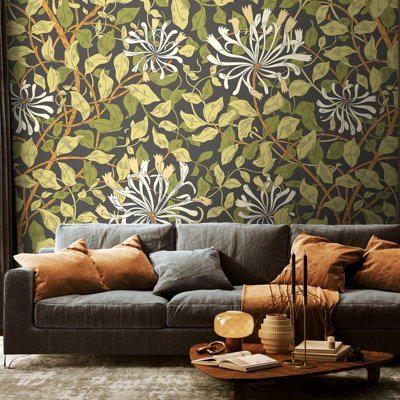 Origin Murals Honeysuckle - Black and Olive Green Matt Smooth Paste the Wall Mural 300cm wide x 240cm high