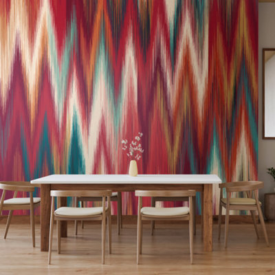 Origin Murals Ikat Zig Zag - Raspberry Red Matt Smooth Paste the Wall Mural 300cm wide x 240cm high