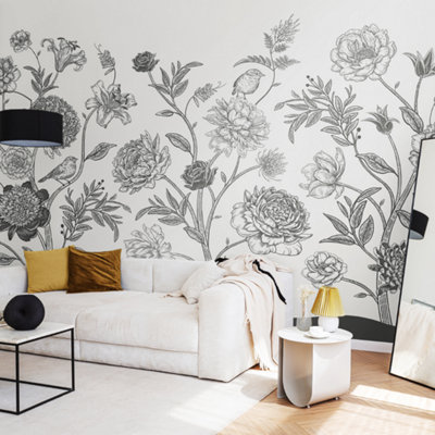 Origin Murals Jacobean Rose Trail - Black and White Matt Smooth Paste the Wall Mural 350cm wide x 280cm high