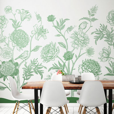 Origin Murals Jacobean Rose Trail - Forest Green Matt Smooth Paste the Wall Mural 350cm wide x 280cm high