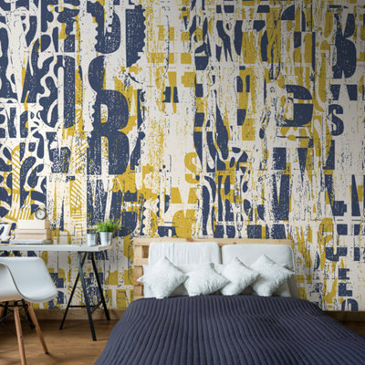 Origin Murals Letterpress Graffiti - Navy and Yellow Matt Smooth Paste the Wall Mural 300cm wide x 240cm high