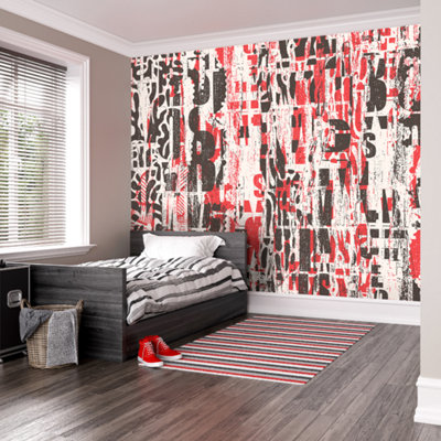 Origin Murals Letterpress Graffiti - Red and Black Matt Smooth Paste the Wall Mural 300cm wide x 240cm high