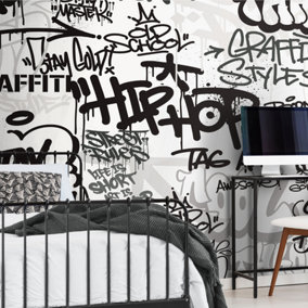 Origin Murals Mono Graffiti   - Black and White Matt Smooth Paste the Wall Mural 300cm wide x 240cm high