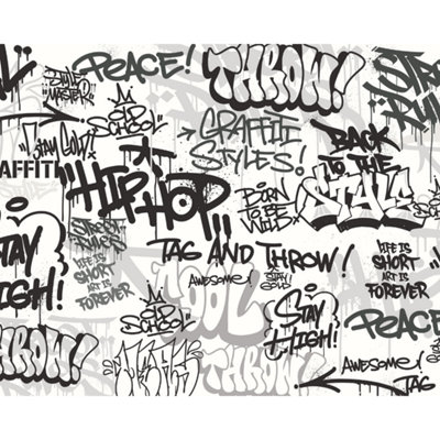 Origin Murals Mono Graffiti   - Black and White Matt Smooth Paste the Wall Mural 300cm wide x 240cm high