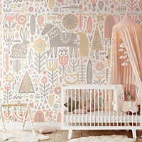 Origin Murals Scandi Forest Animals Blush Pink & Grey Paste the Wall Mural 300cm wide x 240cm high