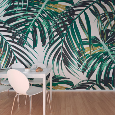 Origin Murals Tropical Large Green & White Leaves Matt Smooth Paste the Wall Mural 350cm wide x 280cm high