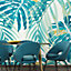 Origin Murals Tropical Leaves Teal Matt Smooth Paste the Wall Mural 300cm wide x 240cm high