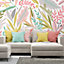 Origin Murals Tropical Patterned Leaves Green & Pink Matt Smooth Paste the Wall Mural 300cm wide x 240cm high