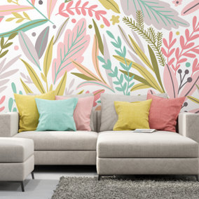 Origin Murals Tropical Patterned Leaves Green & Pink Matt Smooth Paste the Wall Mural 350cm wide x 280cm high