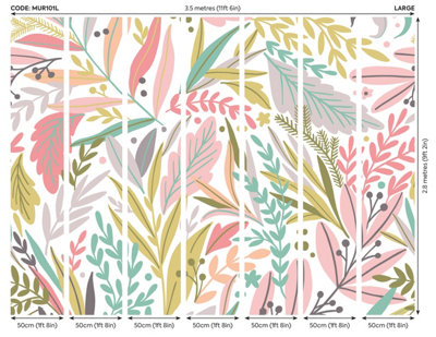 Origin Murals Tropical Patterned Leaves Green & Pink Matt Smooth Paste the Wall Mural 350cm wide x 280cm high