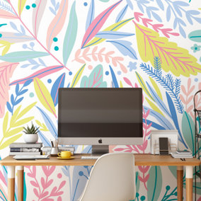 Origin Murals Tropical Patterned Leaves Pastel Matt Smooth Paste the Wall Mural 300cm wide x 240cm high (M)