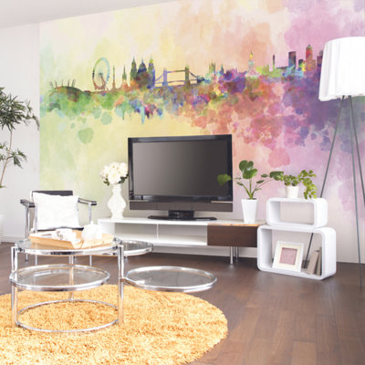 Origin Murals Watercolour London Skyline Multi Matt Smooth Paste the Wall Mural 300cm Wide X 240cm High