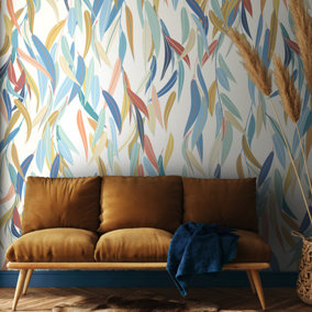 Origin Murals Willow Leaves - Denim Blue and Apricot Matt Smooth Paste the Wall Mural 300cm wide x 240cm high