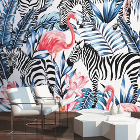 Origin Murals Zebra & Flamingo Animal Matt Smooth Paste the Wall Mural 350cm wide x 280cm high