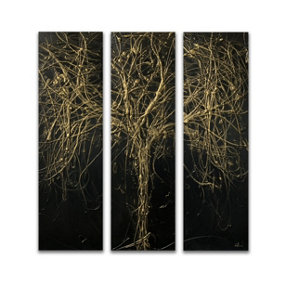 Original art, acrylic and metallic gold abstract sculptural wall art, black tree painting on 3 box canvas totalling 105cm wide x 1
