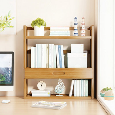 Original Wood Color Three-layer Bamboo Tabletop with Drawer Bookshelf ...