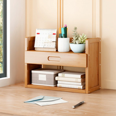 Original Wood Color Two-layer Bamboo Tabletop with Drawer Bookshelf ...