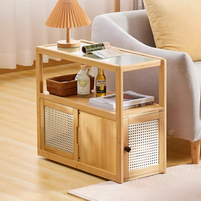 Original Wood Color Wheel Movable Wooden Glass Side Table