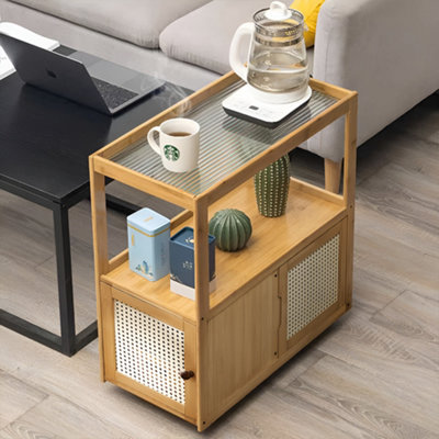 Original Wood Color Wheel Movable Wooden Glass Side Table