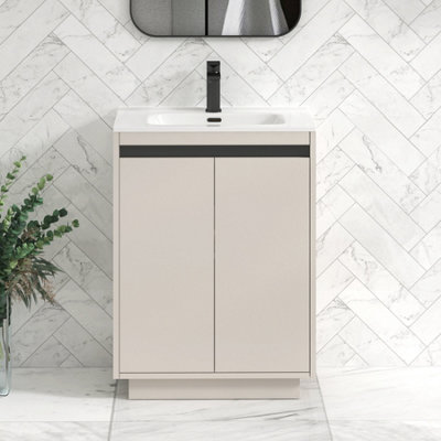 Orion 600mm Beige 2 Door Floor Standing Vanity Unit with Ceramic Basin & Black Strip