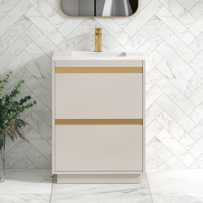 Orion 600mm Beige 2 Drawer Floor Standing Vanity Unit with Carrara White Top & Brushed Brass Strip