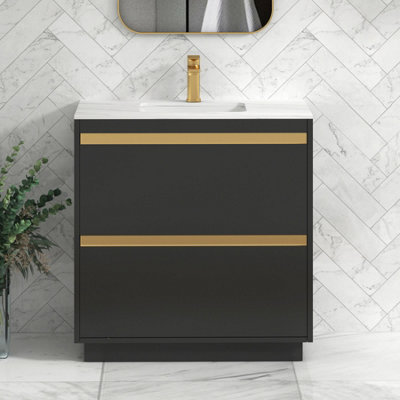 Orion 800mm Jet Black 2 Drawer Floor Standing Vanity Unit with Carrara White Top & Brushed Brass Strip