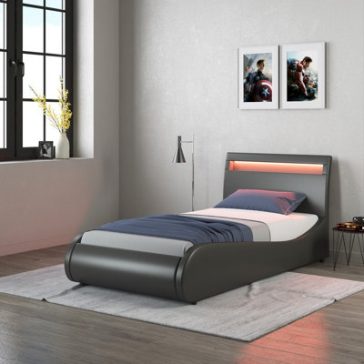 Orion LED Lights Headboard Gaming Style Faux Leather Single Bed Frame (Black)