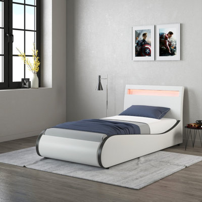 Orion LED Lights Headboard Gaming Style Faux Leather Single Bed Frame (White With Black)