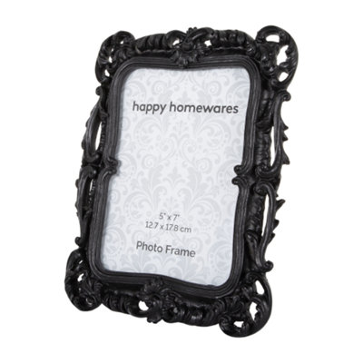 Ornate and Vintage Black Resin Sculptured 5x7 Photo Frame with Floral Scrollwork