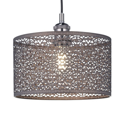 Ornate Moroccan Style Decorated Matt Bronze Metal Pendant Lamp
